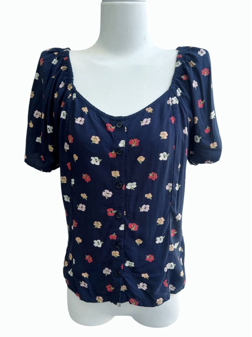 Madewell Floral Short Sleeve Button Front Blouse Sz XS Cinched Back Cottagecore